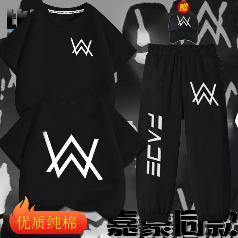 艾伦沃克嘉豪同款黑色短袖战男秋季2025新款中大儿童学生纯棉套装