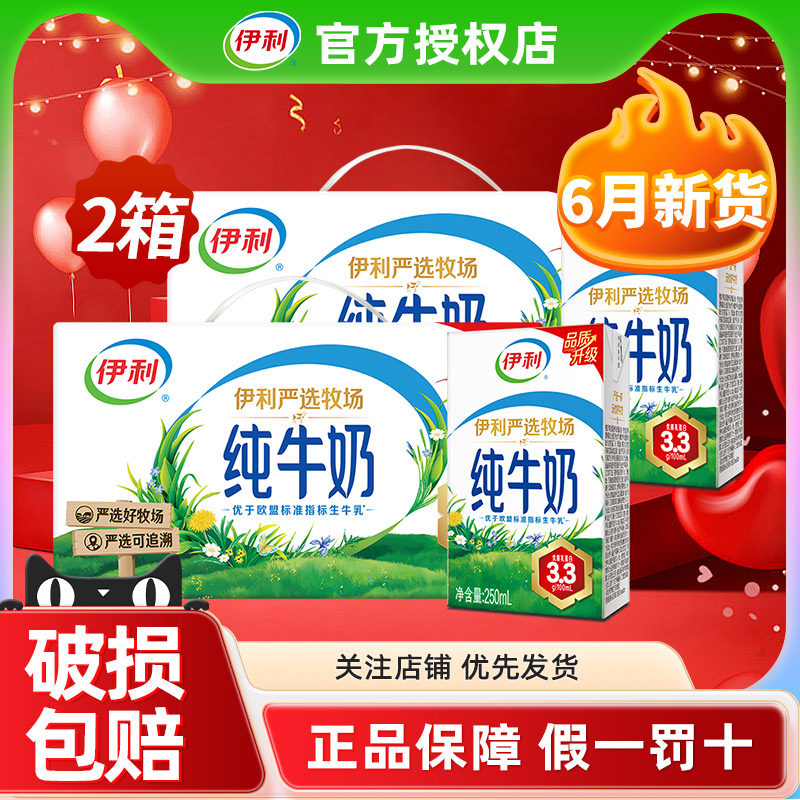 2箱6月伊利纯牛奶250ml*24盒整箱批发早餐全脂牛奶官方正品旗舰店