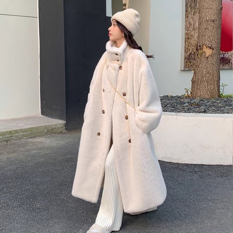 长款仿水貂毛外套女冬季新款双排扣皮草毛毛外套大衣加厚毛绒棉衣