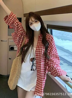 红色格子长袖衬衫上衣女2026春季新款法式慵懒风宽松休闲衬衣外套