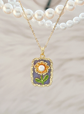珍珠项链吊牌珍珠镶嵌向日葵花莫奈花园油画系列吊坠配件