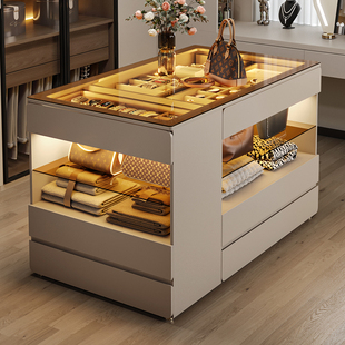 奶咖色主卧双面斗柜首饰展示柜小户型衣帽间中岛台家用房间收纳柜