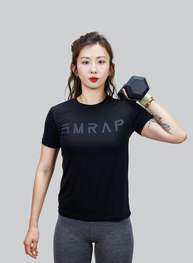 AMRAP女子收腰款训练T恤运动健身服瑜伽跑步短袖弹性排汗修腰休闲