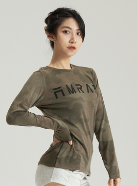 AMRAP女运动长袖外衣冬季户外T恤健身跑步打底上衣军绿色印花迷彩