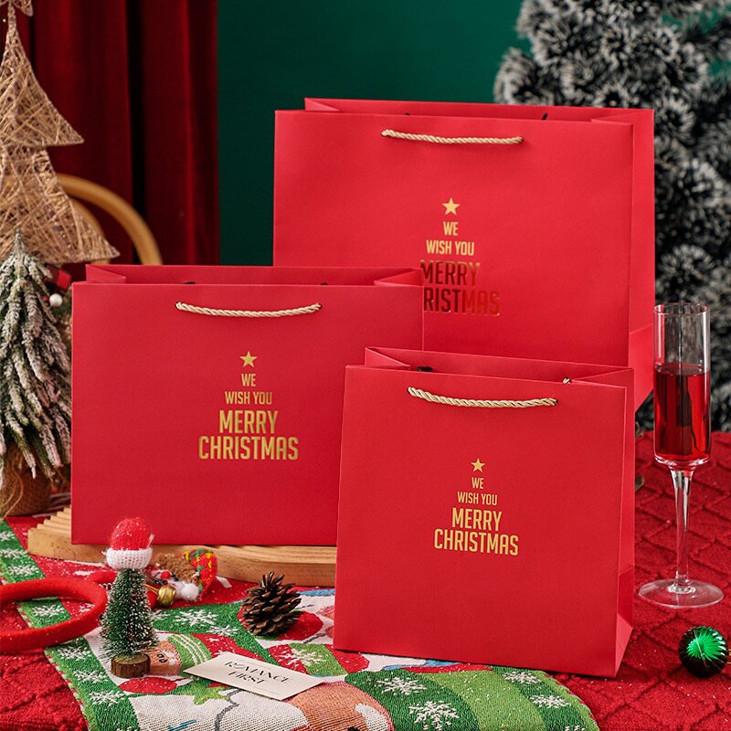 现货圣诞节红色手提袋精美烫金礼品袋苹果礼物围巾包装袋厂家批发