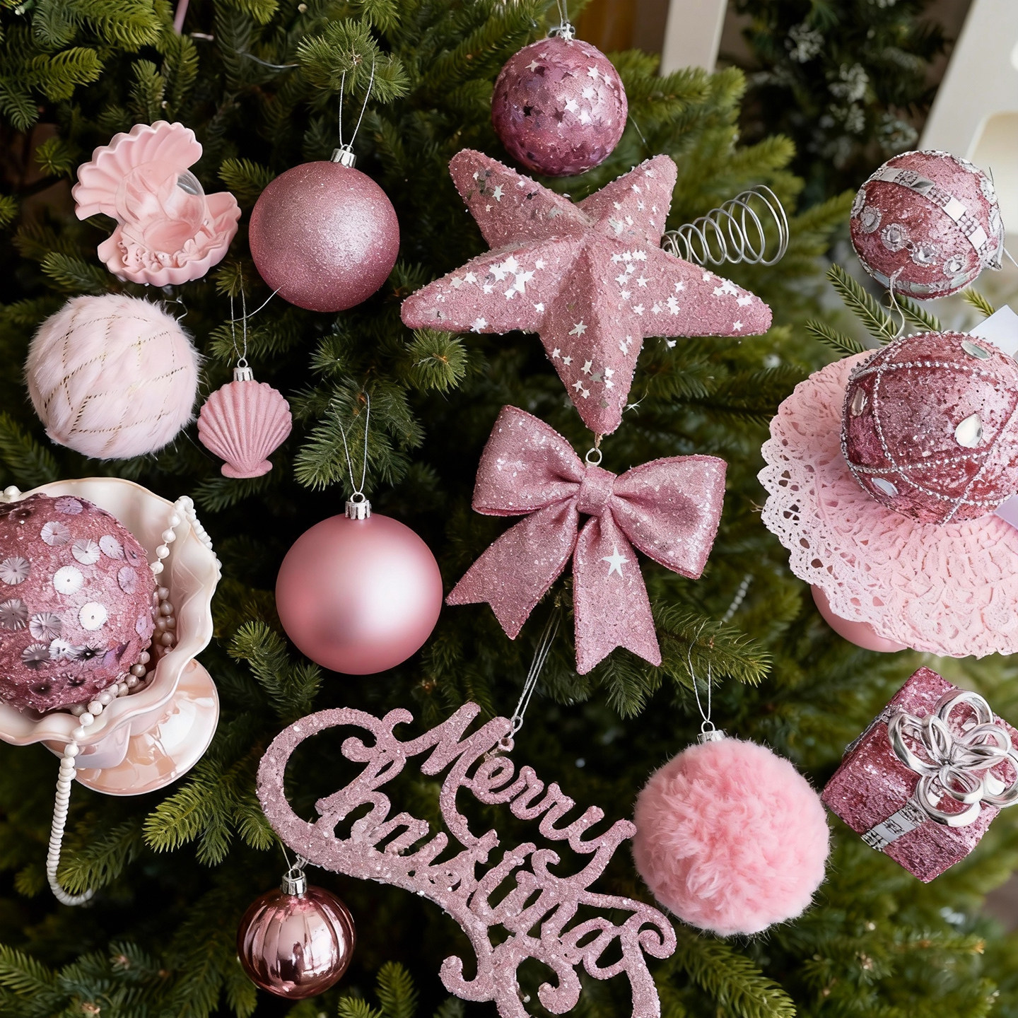 热销圣诞球装饰8CM粉色泡沫球挂件ins圣诞树装扮布置粉色套餐吊球