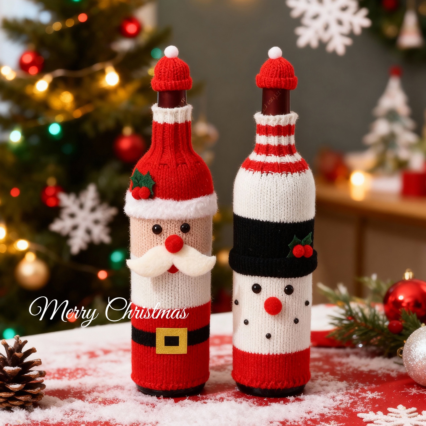 新款2025圣诞节老人装饰针织酒瓶套创意绒布酒瓶套雪人酒瓶袋批发