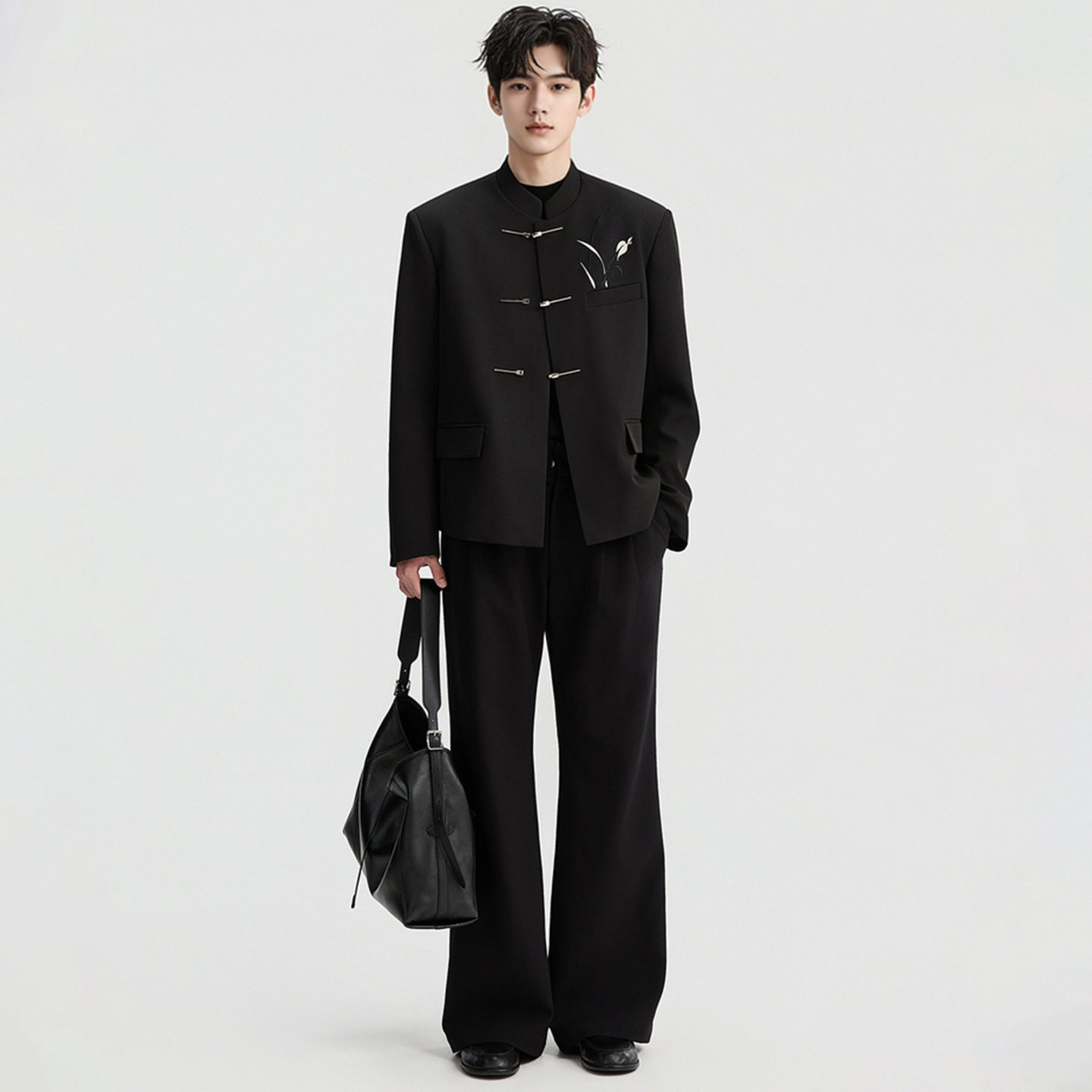 新中式立领西装男黑色暗纹改良唐装外套结婚新郎中式礼服刺绣休闲