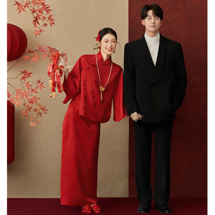 新中式改良旗袍半身裙新娘晨袍红色婚礼敬酒服订婚结婚气质套装女