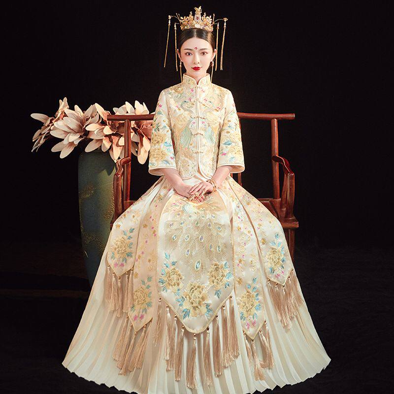 秀禾服女2025新款新娘结婚中式嫁衣修身孕妇礼服香槟色大码敬酒服