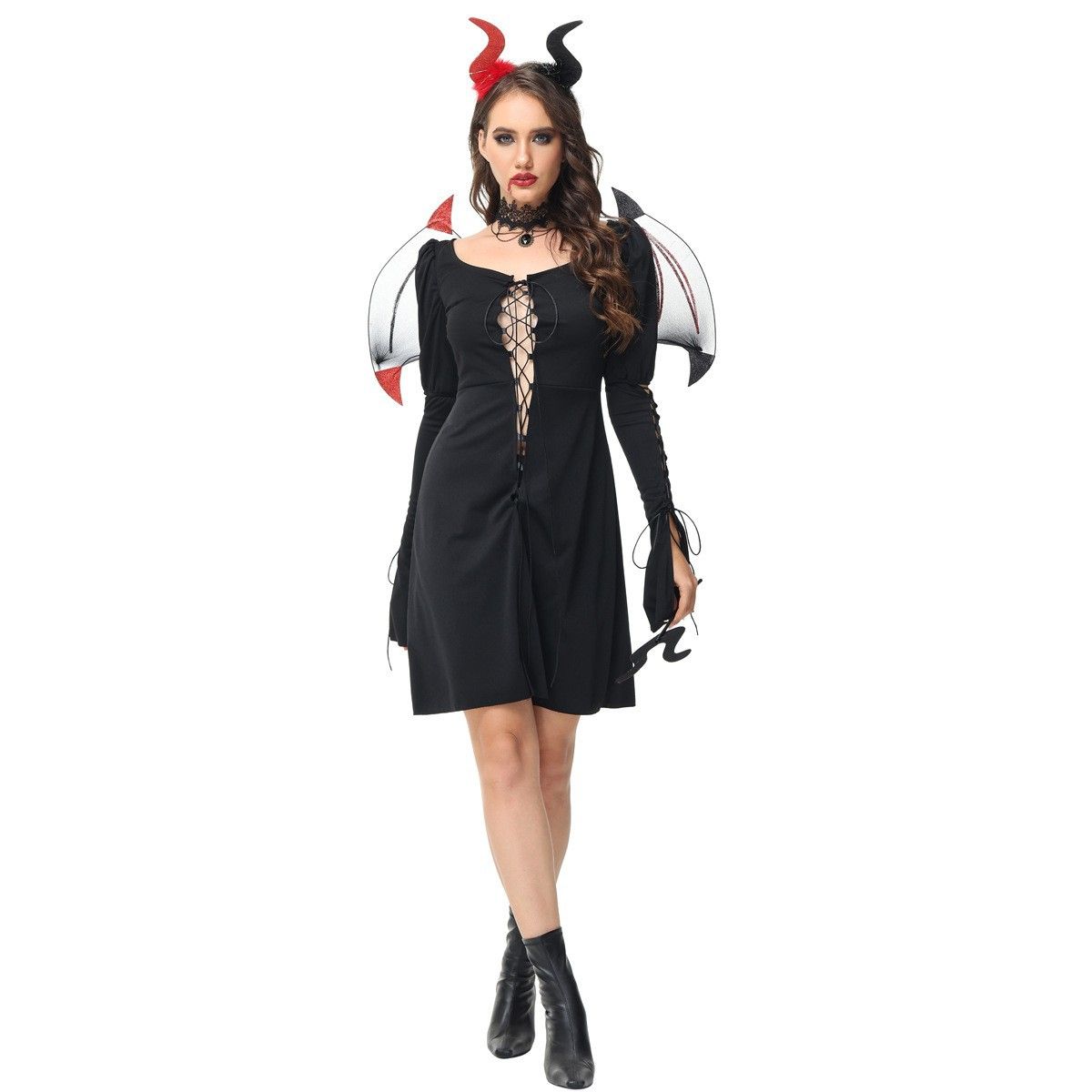 外贸新款女万圣节cos服装恶魔女巫绑带连衣裙性感魔女舞台表演服