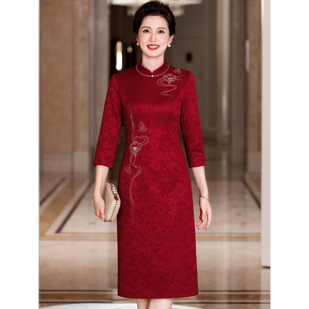 御创国际喜庆用品婚礼喜婆婆喜服2025秋装新款旗袍改良裙年轻喜妈