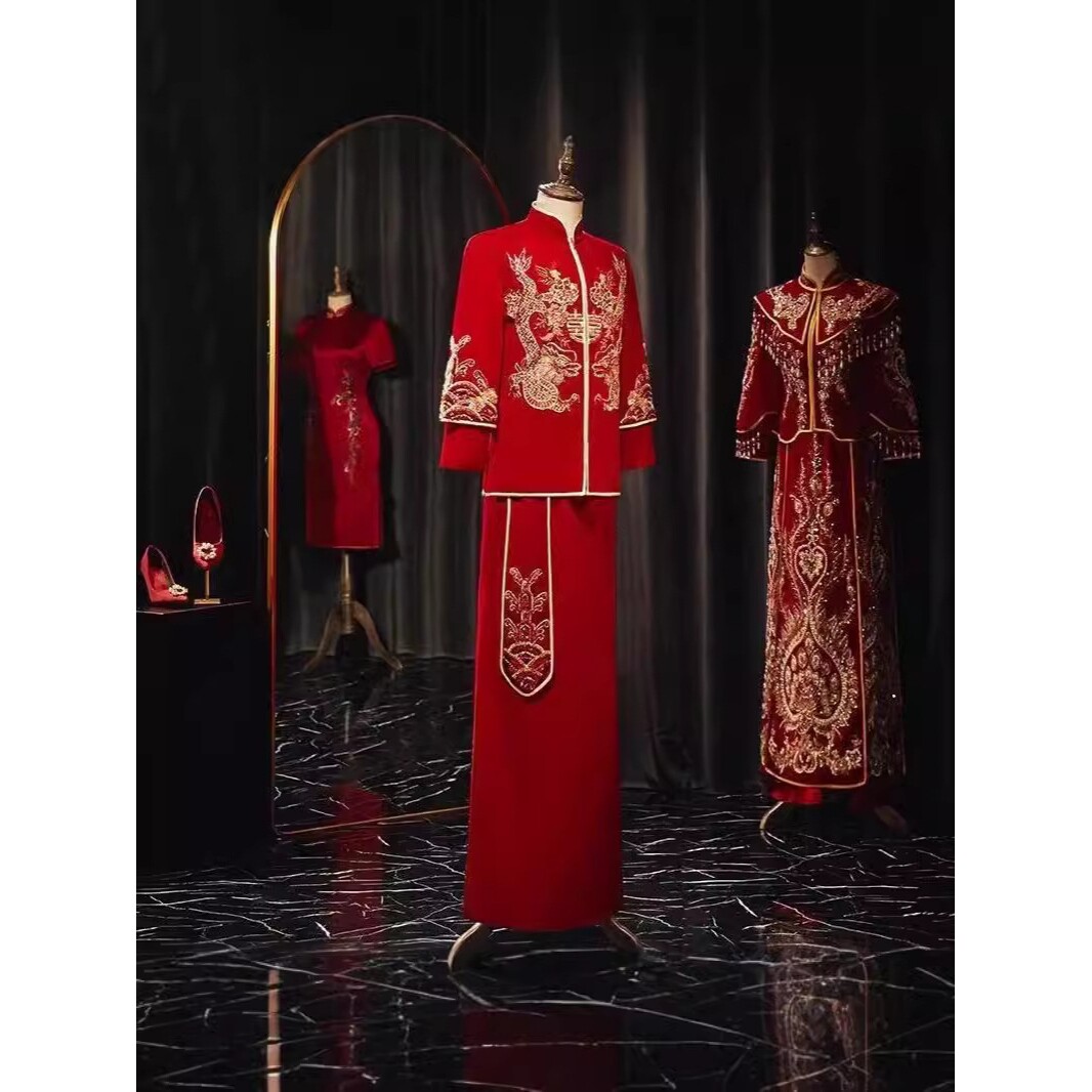 红色丝绒秀禾服202男装中式结婚礼服新郎龙凤褂修身敬酒服唐装