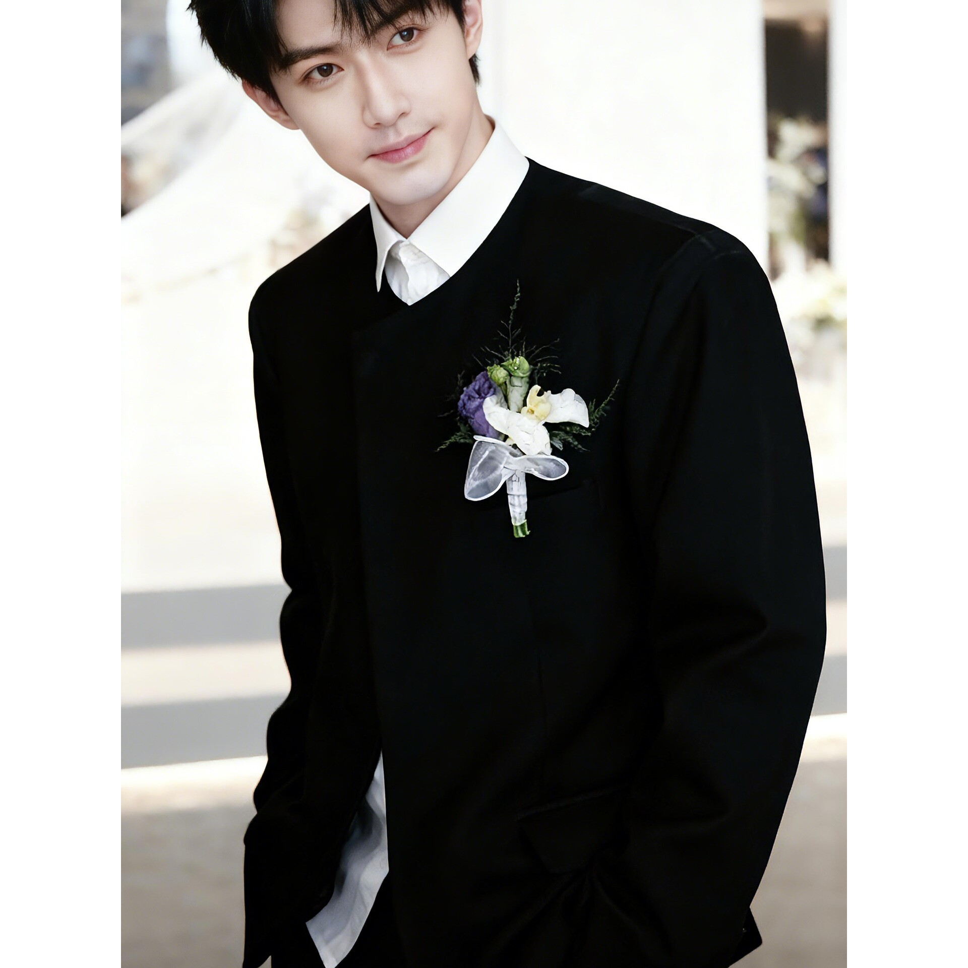 新中式男士西装小众新郎潮牌套装高级感黑色圆领宽松垫肩外套