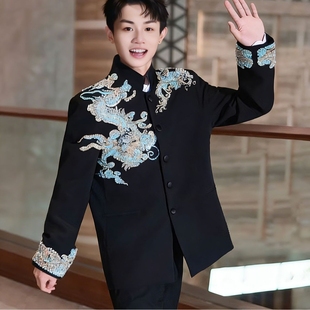 新中式中山装龙纹刺绣国风西服套装新郎结婚接亲敬酒订婚礼服男士