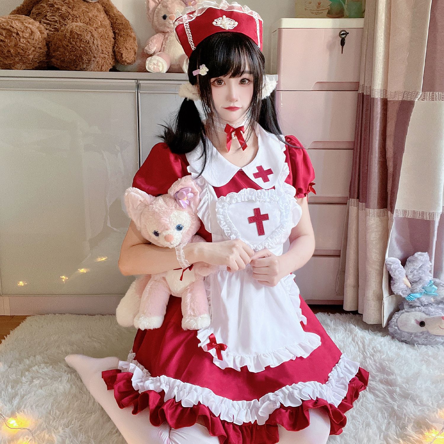 原创日本软妹Lolita 酒红十字架女仆装cos服女佣裙女装大佬连衣裙