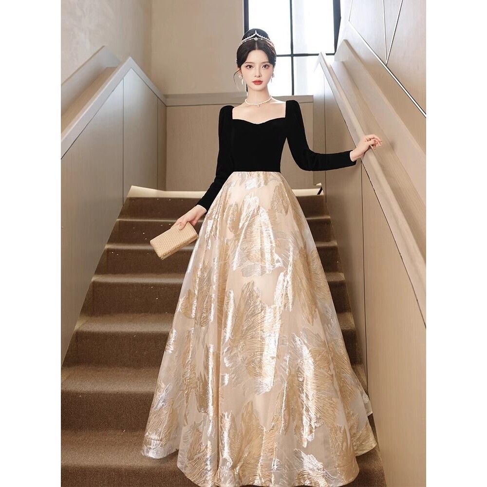 黑色宴会晚礼服裙法式轻奢小众高端气质高级感主持人丝绒礼服长裙