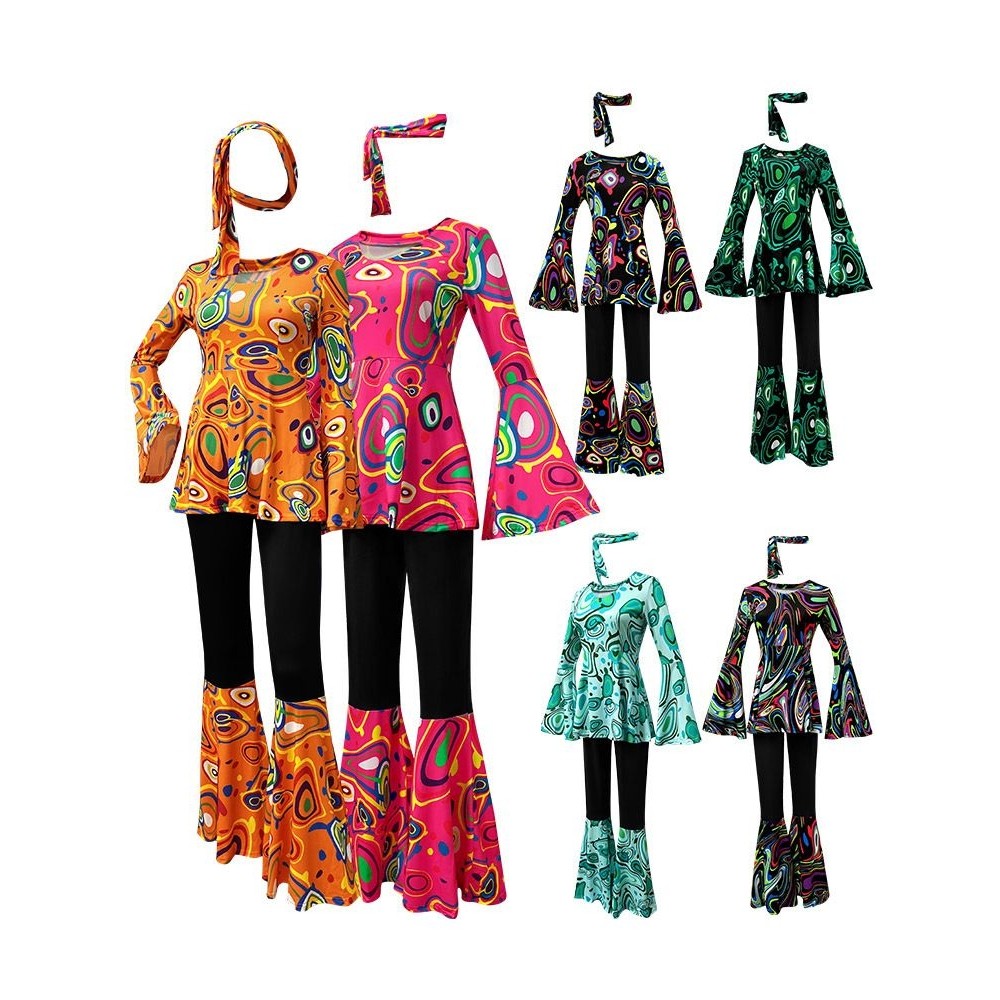 2025年新款欧美跨境多色印花上衣裤子拼接套装含头巾迪斯科舞服女