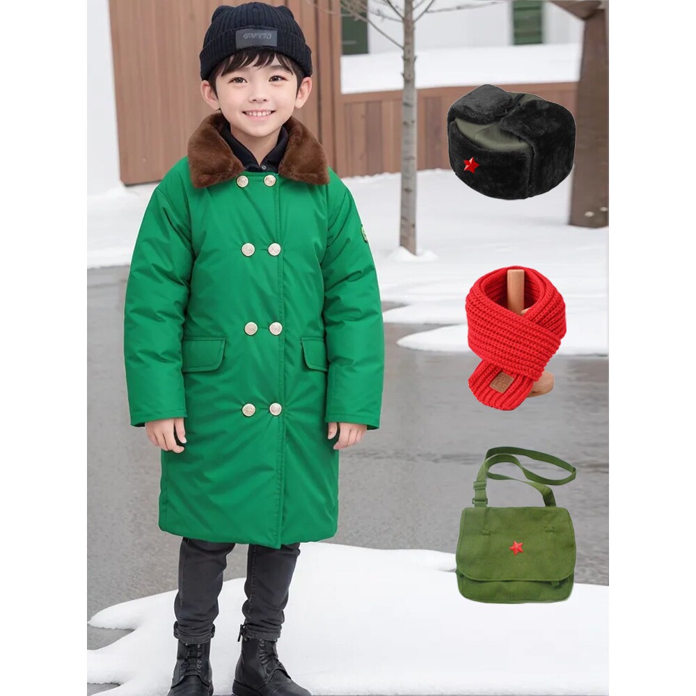 儿童军绿色大衣男童装女宝宝冬季加厚棉绒袄小孩抖音网红过年棉服