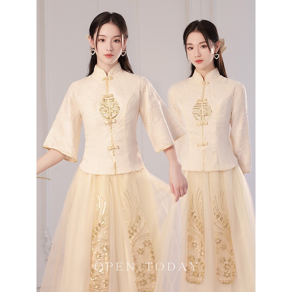 新中式伴娘服香槟色长袖姐妹裙新款婚礼礼服日常可穿秋冬款加厚