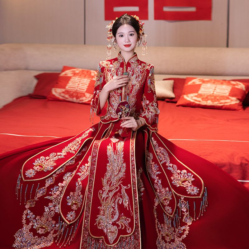 2025新款重工丝绒秀禾服中式嫁衣新娘显瘦结婚出阁礼服敬酒服秋季