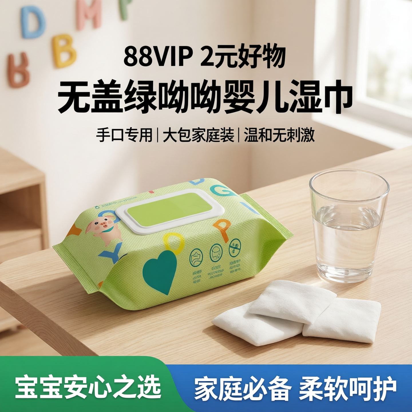 88vip2元好物无盖绿呦呦湿巾湿巾婴儿手口专用大包 家庭装湿巾宝