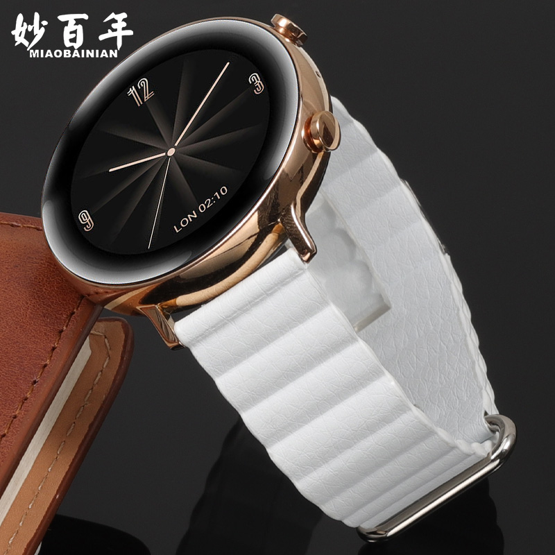 适用华为GT3Pro手表GT2表带watch gt2表带女款女真皮磁吸智能女士款时尚白色表链42mm荣耀真皮ins风小清新20