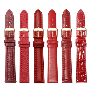 中国新年红真皮手表带女款代用华为手环B2B3B5B6B7 GT2/3/4女士手表带 卡西欧小红方表罗西尼铁达时天梭表链
