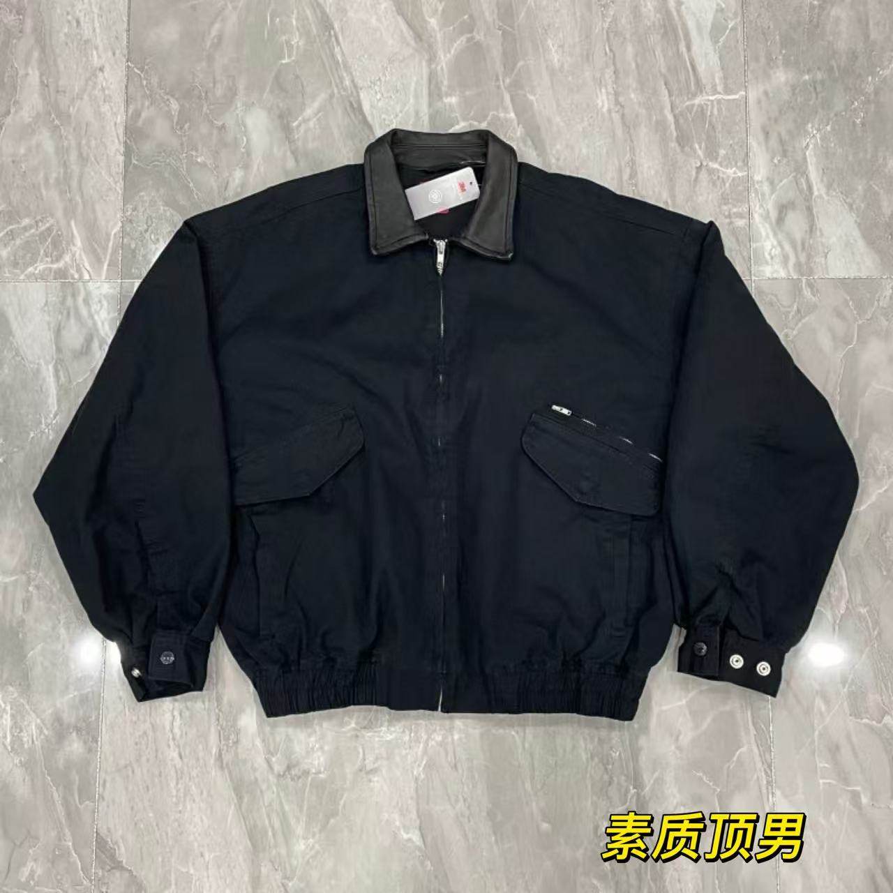 SUP新款复古翻领夹克王嘉尔同款帆布水洗帽子可拆卸黑色美式外套