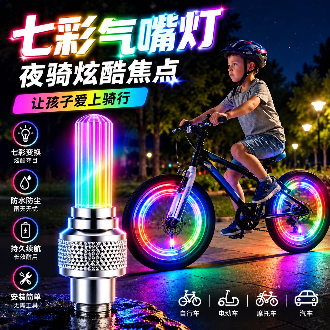 适用迪卡侬儿童自行车气门嘴灯山地车单车车轮夜骑轮胎装饰闪光灯