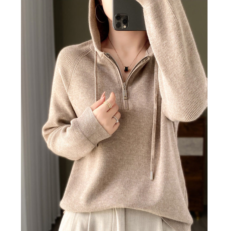 早秋新款连帽卫衣式毛衣女秋冬季新款半拉链式开衫外套上衣针织衫