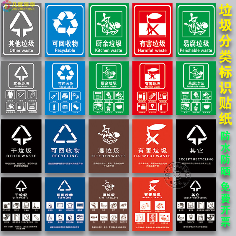 垃圾桶分类标识贴纸干湿不可回收有害厨余易腐标签提示牌