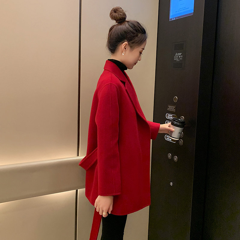 2025春秋红色韩版宽松显瘦百搭双面羊绒大衣女中长款系带毛呢外套