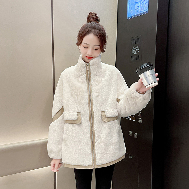 小个子白色拼接獭兔毛大衣2025年新款女装秋冬中长款仿皮草外套女