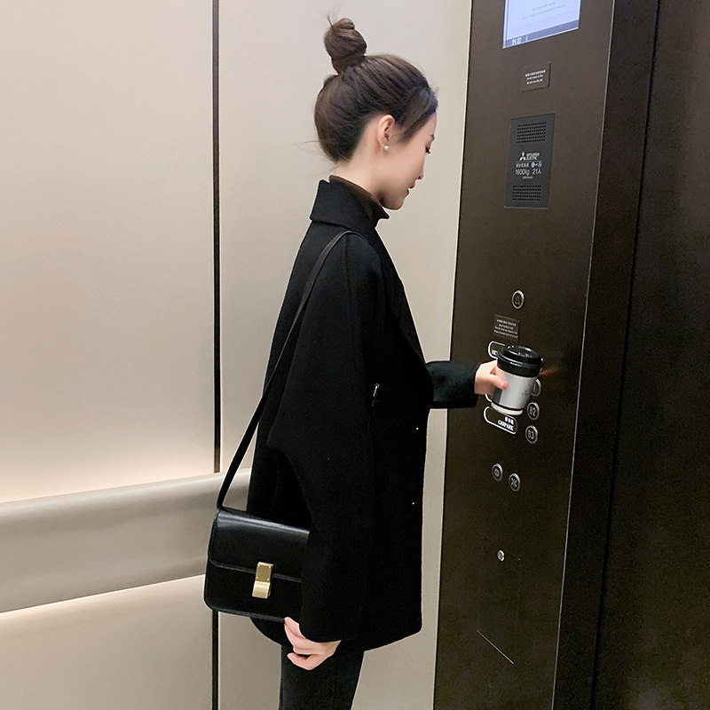 黑色西装领双面羊绒呢子大衣2025年新款女装春秋中长款毛呢外套女