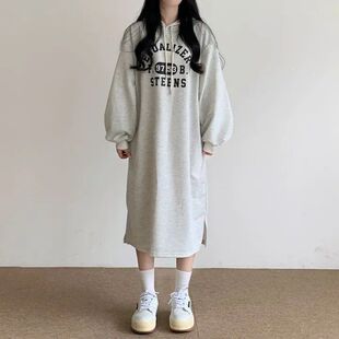 SL连衣裙韩系慵懒百搭印花长裙宽松连帽女装春秋卫衣加绒薄裙冬