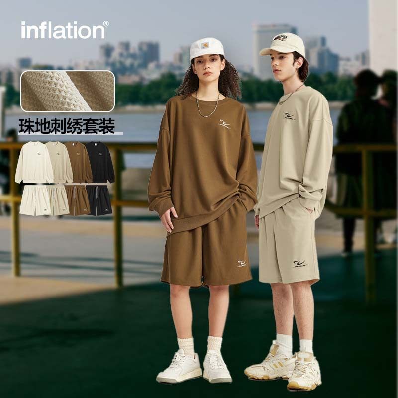 潮牌美式刺绣珠地运动装春夏短裤