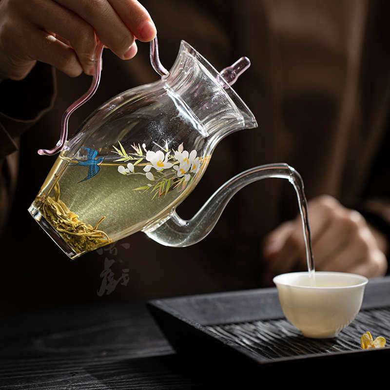 鱼戏耐热玻璃透明仿宋手执茶壶手工贴花家用绿茶泡茶壶单壶花茶壶