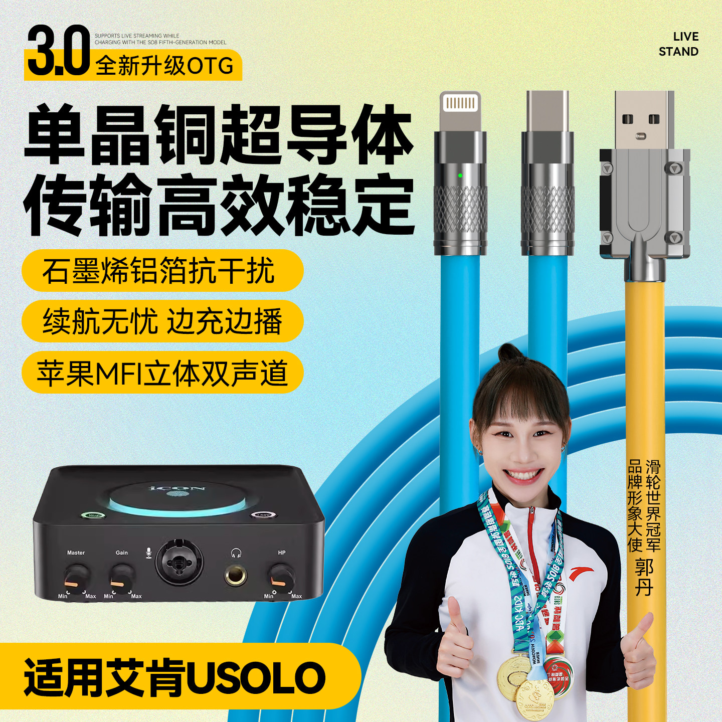 适用ICON艾肯USOLO声卡OTG转接头直播线苹果专用OTG三合一传输线内录线数据线声卡线支持边充边播