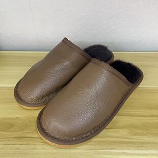 外真牛皮内里羊毛皮毛一体家居拖鞋