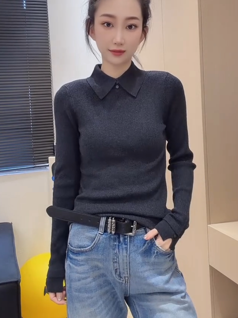 欧货2025冬季新款显瘦百搭polo领纽扣纯色简约风套头针织衫上衣女