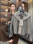 欧货2025秋季 女潮 上衣披肩真两件套开衫 新款 翻领竖条纹单排扣衬衫