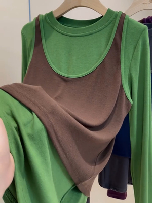 欧货2025秋季新款显瘦百搭打底衫拼背心真两件套拼色个性上衣女潮