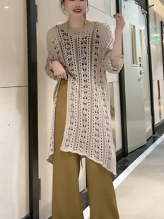 针织衫 不规则侧开衩下摆长款 女 显瘦百搭镂空薄款 欧货定制春夏新款