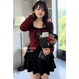 酒红辣妹风长袖显瘦两件套女秋冬修身收腰上衣短裙套装