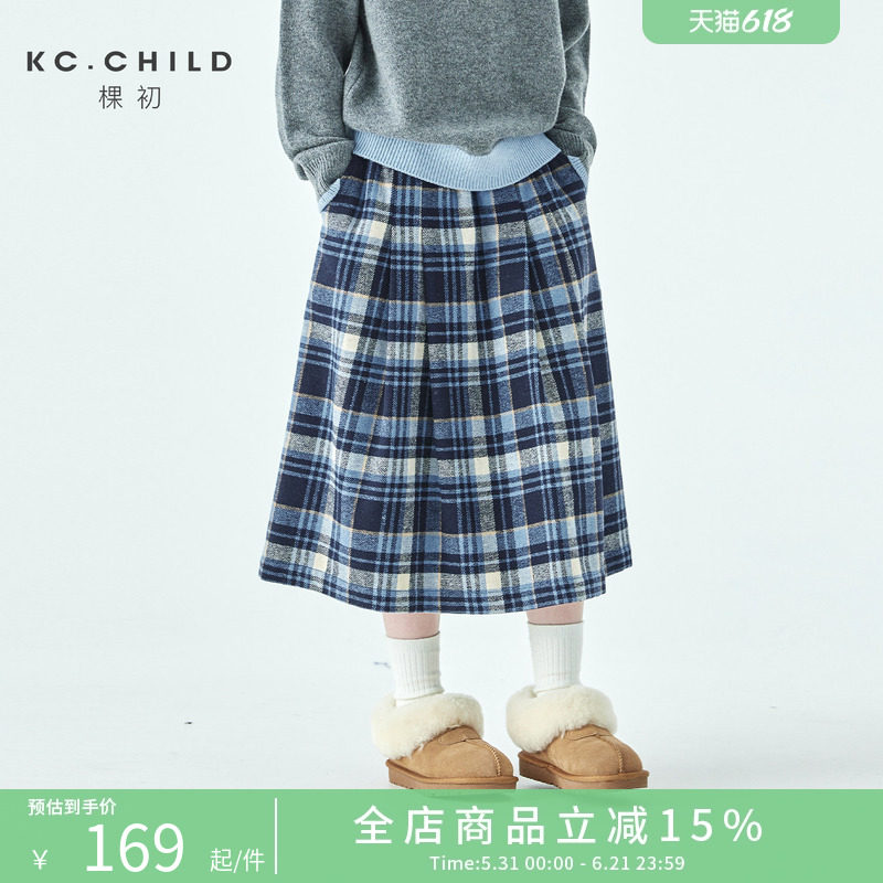 棵初2025年秋冬新款亲子中大女童学院蓝白格纹半裙清新文艺风裙子