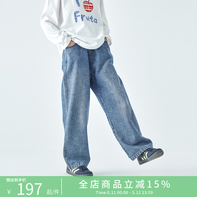 棵初2026年新款亲子中大女童春季水洗蓝纯棉牛仔裤立体蝴蝶结长裤