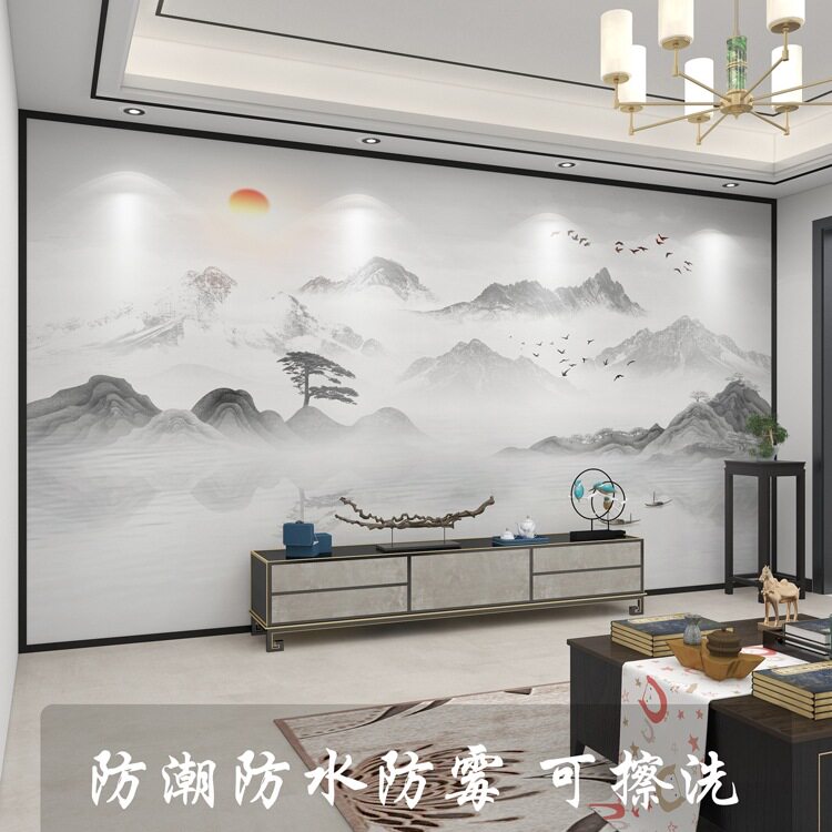 墙纸3d立体中式水墨山水电视背景墙壁布客厅壁纸装饰卧室墙布壁画
