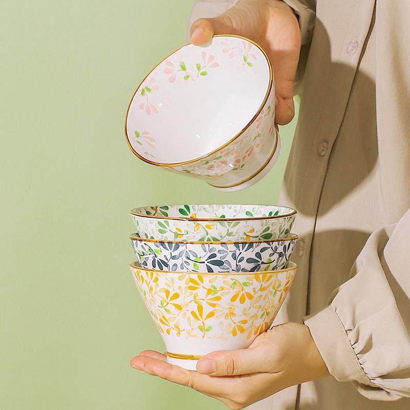 四季花斗笠碗创意陶瓷碗复古高脚家用饭碗米饭碗小汤碗釉下彩餐具
