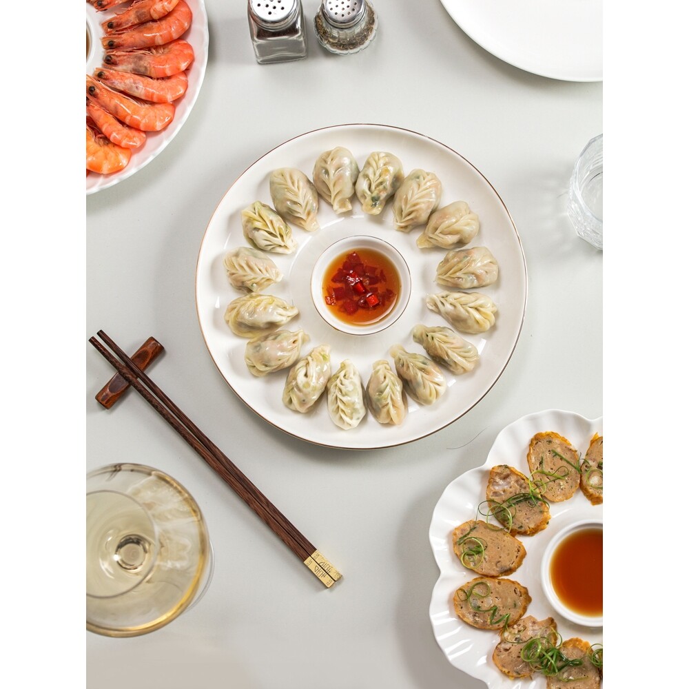 带醋碟虾盘创意子母盘菜盘水饺盘简约感餐盘白色盘子